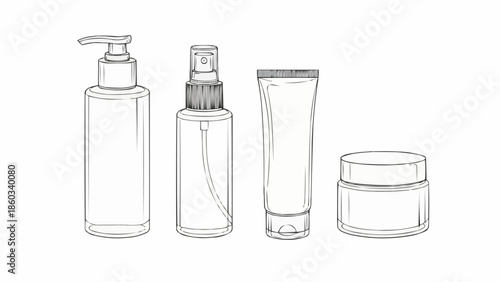 Collection of cosmetic bottles and jars hand-drawn sketch.