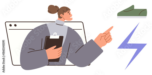 Woman holding clipboard, pointing at green sneaker and lightning bolt. Ideal for productivity, energy, focus, goals, innovation, action success. A simple flat metaphor