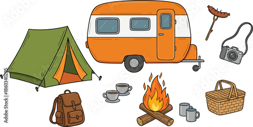 Camping and caravan travel illustration set with tent, trailer, campfire, picnic items, camera, and outdoor accessories isolated on white background for adventure design
