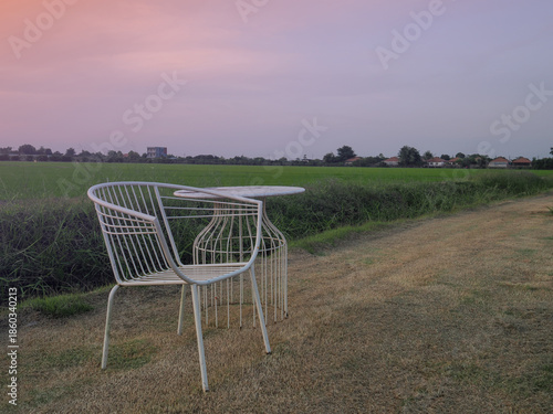 White metal chair on grassy field beside rural path, minimal outdoor scene with calm countryside view.