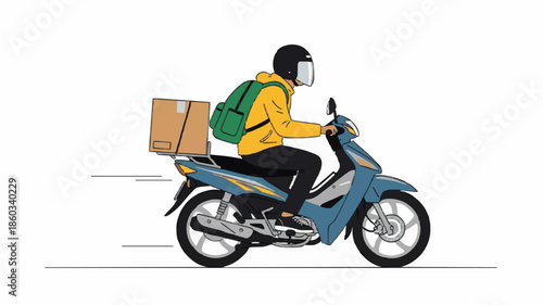 Delivery person riding a motorcycle with a cardboard box on the back and a green backpack, wearing a yellow jacket and a face mask, against a plain white background.