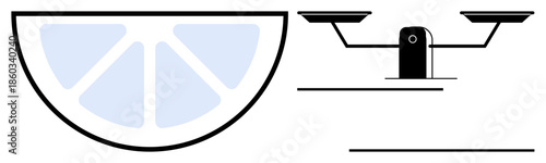 Health and wellness, balance, nutrition, justice, equality, weight management. Minimalist lemon slice and balance scale . Health and wellness, and balance concepts illustrated