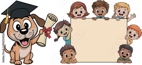 Cute kids holding blank banner with graduation dog mascot, cartoon children education concept vector illustration isolated white background