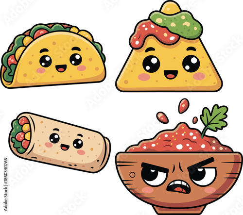 Cute kawaii Mexican food characters vector illustration with taco burrito nachos and salsa bowl smiling faces isolated white background