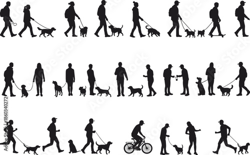 Silhouette illustration, people with dogs, walking poses, playing gestures, pet interaction, outdoor activity, companionship concept, black vector art, animal care, human and dog