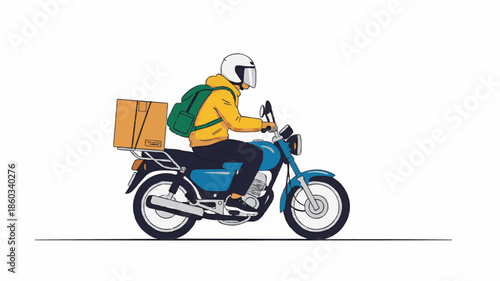 Delivery person riding a blue motorcycle with a large orange box on the back, wearing a yellow hoodie and green backpack against a plain white background.