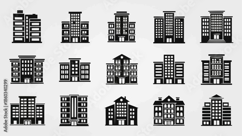 Collection of diverse building icons in silhouette style.