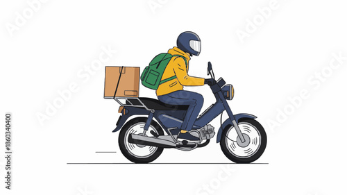 Delivery person riding a motorcycle with a cardboard box on the back and a green backpack on a white background.