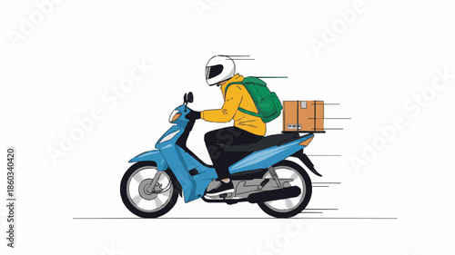 A delivery person wearing a yellow jacket and white helmet rides a blue motorcycle with a green backpack and cardboard boxes in motion on a white background.