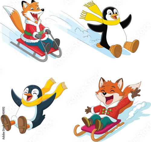 Cute winter cartoon animals sledding, fox and penguin characters sliding on snow, fun holiday activity, colorful vector illustration set