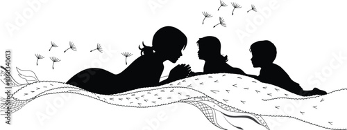 Silhouette mother reading bedtime story to two children under cozy blanket with flying dandelion seeds, family love illustration vector