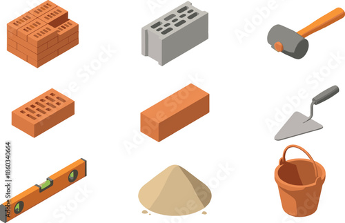 Isometric Construction Materials and Masonry Tools Set Featuring Bricks Cement Block Trowel Hammer Level Sand and Bucket Vector Illustration