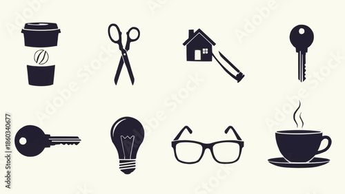 Collection of everyday objects for daily use, simple icons.