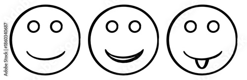 Smiley Face Expressions Pack with Playful and Silly Variants in Minimal Black Outline Style