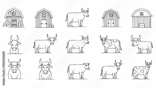 Collection of farm animals and barns in a simple line art style.