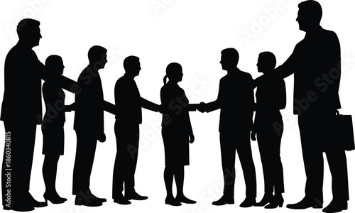 Silhouette of business people shaking hands in formal setting, black and white corporate teamwork illustration, partnership agreement concept, professional interaction design for stock use