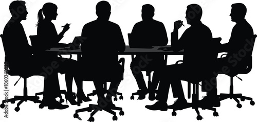 Silhouette of business team in meeting around conference table, black and white corporate discussion scene, teamwork collaboration concept, professional communication design for stock use