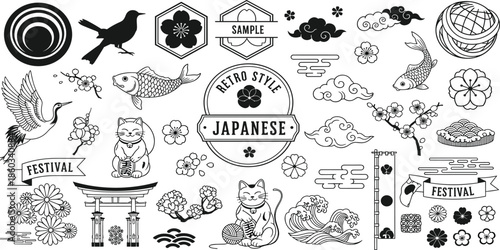 Japanese retro style icon set featuring festival symbols sakura koi lucky cat waves clouds and traditional cultural elements illustration