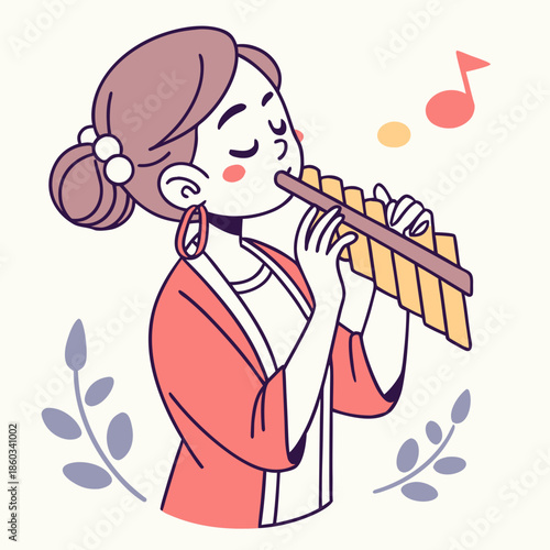 Woman playing pan flute with musical notes