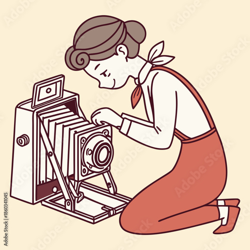Woman Operating a Vintage Camera