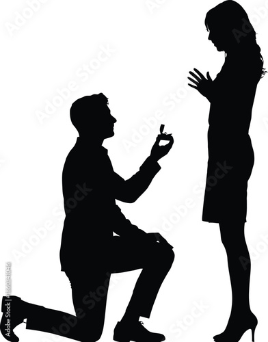 Man proposing to woman with ring in silhouette