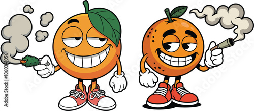 Funny cartoon orange characters smoking, cheeky fruit mascots with grinning faces, street style attitude, colorful vector illustration set