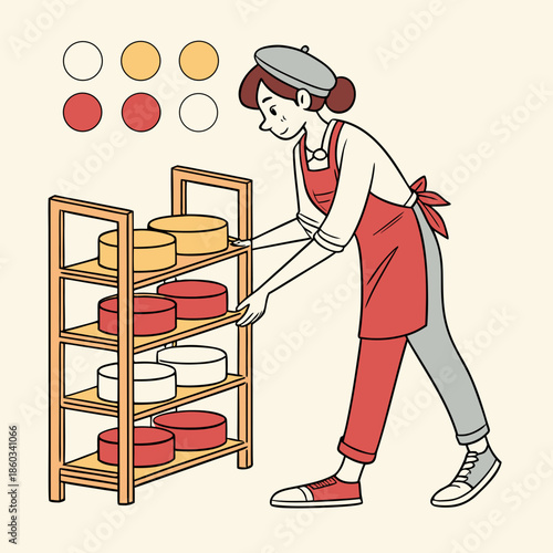 Woman organizing cheese rounds on a shelving unit