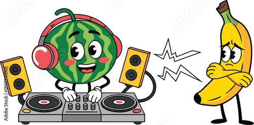 Funny fruit cartoon characters vector illustration with watermelon DJ and shocked banana, playful music concept isolated white background