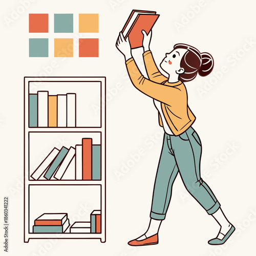 Woman placing book on shelf in library setting