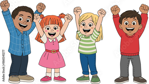Happy kids cheering together vector illustration, smiling boys and girls celebrating success friendship joy isolated white background