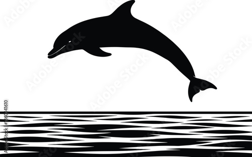 Silhouette of dolphin leaping from water, black and white marine life scene, graceful aquatic motion, ocean wildlife illustration, nature splash design for stock use