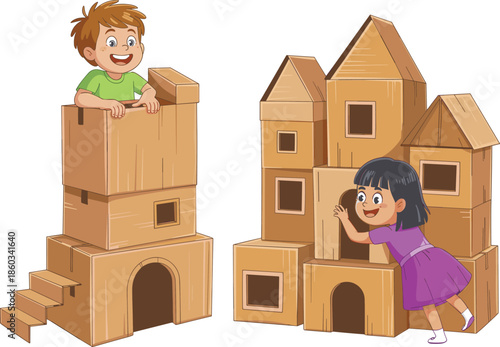 Kids playing with cardboard box castle, creative imagination game at home, boy and girl building pretend houses, fun childhood activity illustration