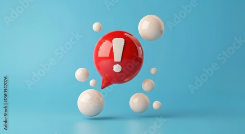 Red exclamation mark speech bubble with floating spheres