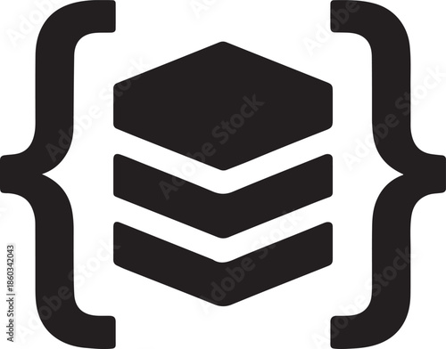 Abstract code brackets forming a block shape icon representing software build and development