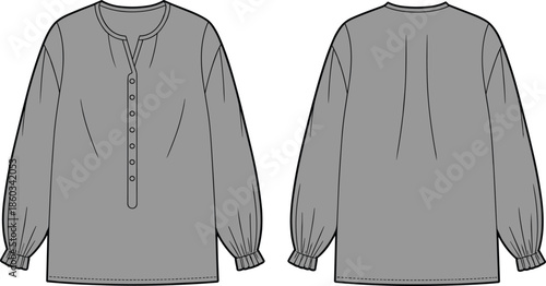 Long sleeve blouse vector illustration, front and back view, button-down shirt design, casual fashion apparel, detailed sketch style, editable outline graphic