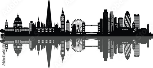 London skyline silhouette with reflection, famous landmarks, cityscape illustration, Big Ben, Tower Bridge, Shard, modern buildings, vector art.
