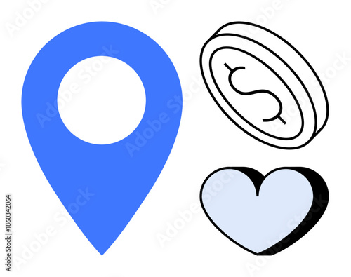 GPS services, financial transactions, love, location tracking, money transfers, charity. Blue location marker, black outline coin and heart icon. GPS services and financial transactions concept