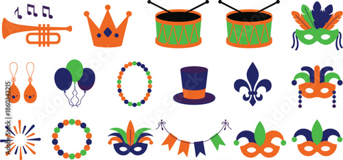 Mardi Gras carnival party elements vector set with masks beads crowns drums trumpets colorful festive icons isolated background