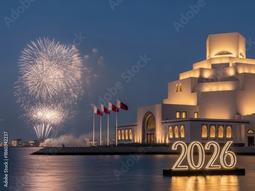 Spectacular fireworks illuminate the museum of islamic art and the year 2026