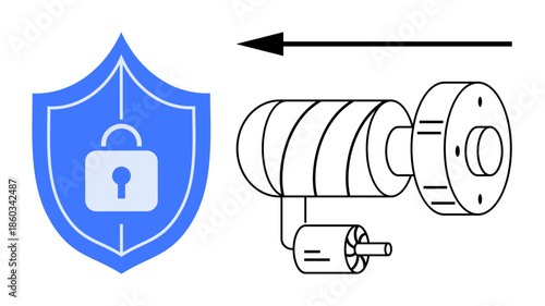 Security concept. Security ed by shield and lock icon alongside a mechanical gear system. Security s safer machinery and data resources. For engineering, technology, data safety, and industrial