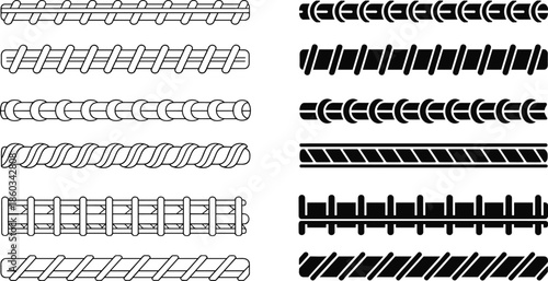 Steel rebar patterns illustration set, construction reinforcement bar designs, concrete strengthening elements collection, engineering building materials artwork