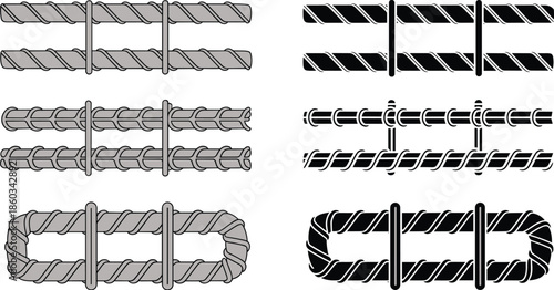 Steel rebar reinforcement illustration set, construction building materials collection, concrete strengthening bars designs, engineering structural metal elements