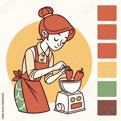 Woman preparing vegetables in kitchen with scale