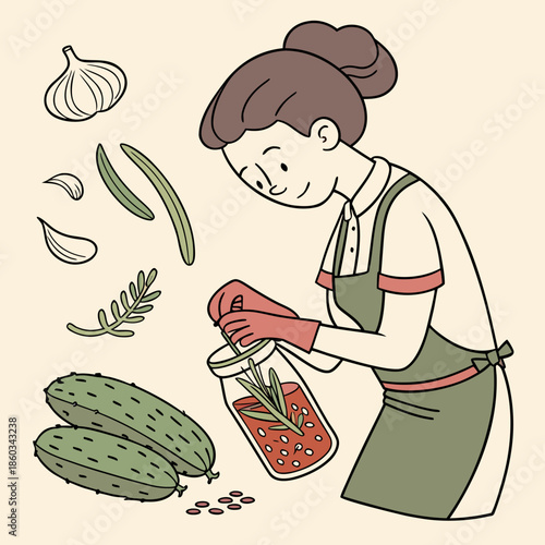 Woman preserving cucumbers and herbs in a jar