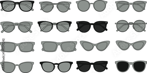 Vintage sunglasses collection, various stylish eyeglasses designs, vector illustration of different sunglasses with different frames and lenses