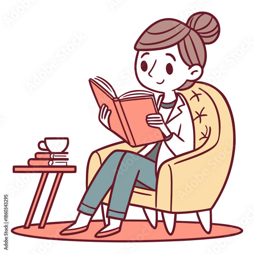 Woman reading book in armchair with tea