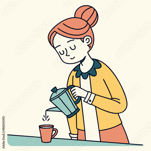 Woman pouring coffee from moka pot into cup