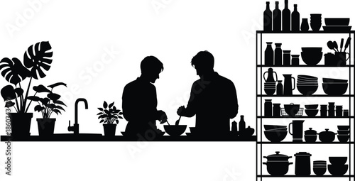 Men cooking together, kitchen silhouette, culinary hobby, shelves with kitchenware, potted plants, home lifestyle scene, cad drawing flat vector illustration