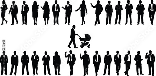 Business people crowd silhouettes, man pushing baby stroller, work life balance concept, paternity leave, cad drawing flat vector illustration