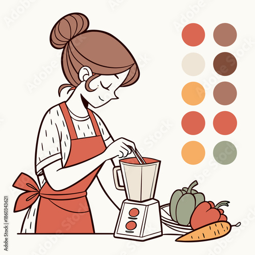Woman preparing food with blender in kitchen